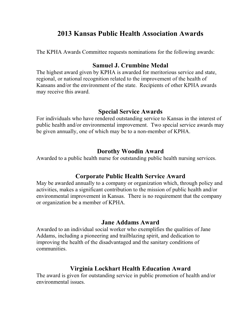 2013 Kansas Public Health Association Awards