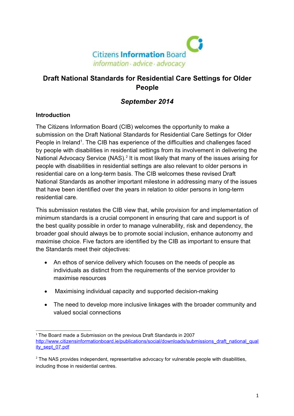Draft National Standards for Residential Care Settings for Older People