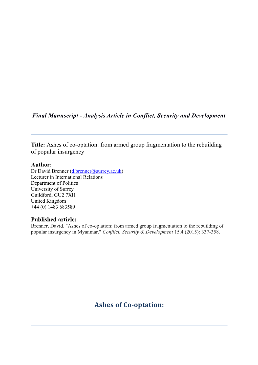 Finalmanuscript - Analysis Article in Conflict, Security and Development