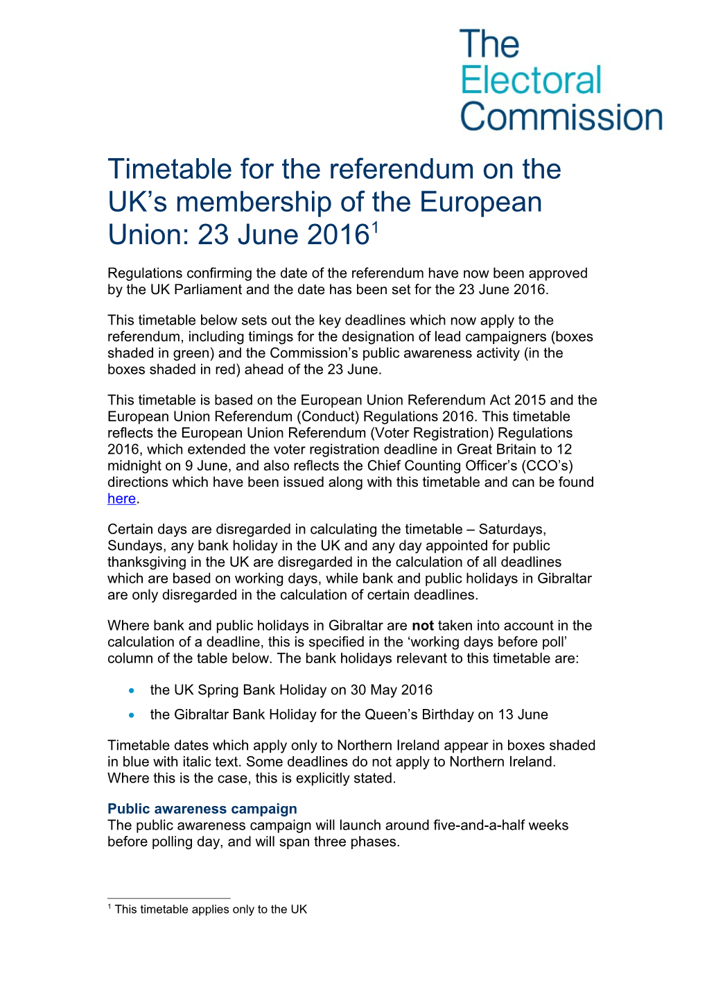 EU Referendum Election Timetable - 23 June Date