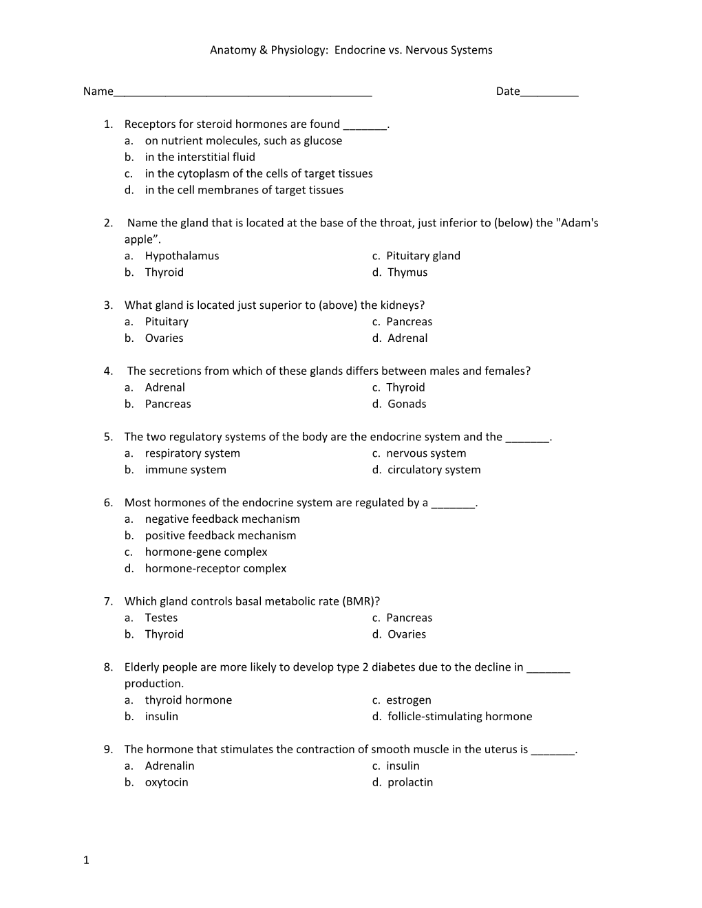 Anatomy & Physiology: Endocrine Vs. Nervous Systems