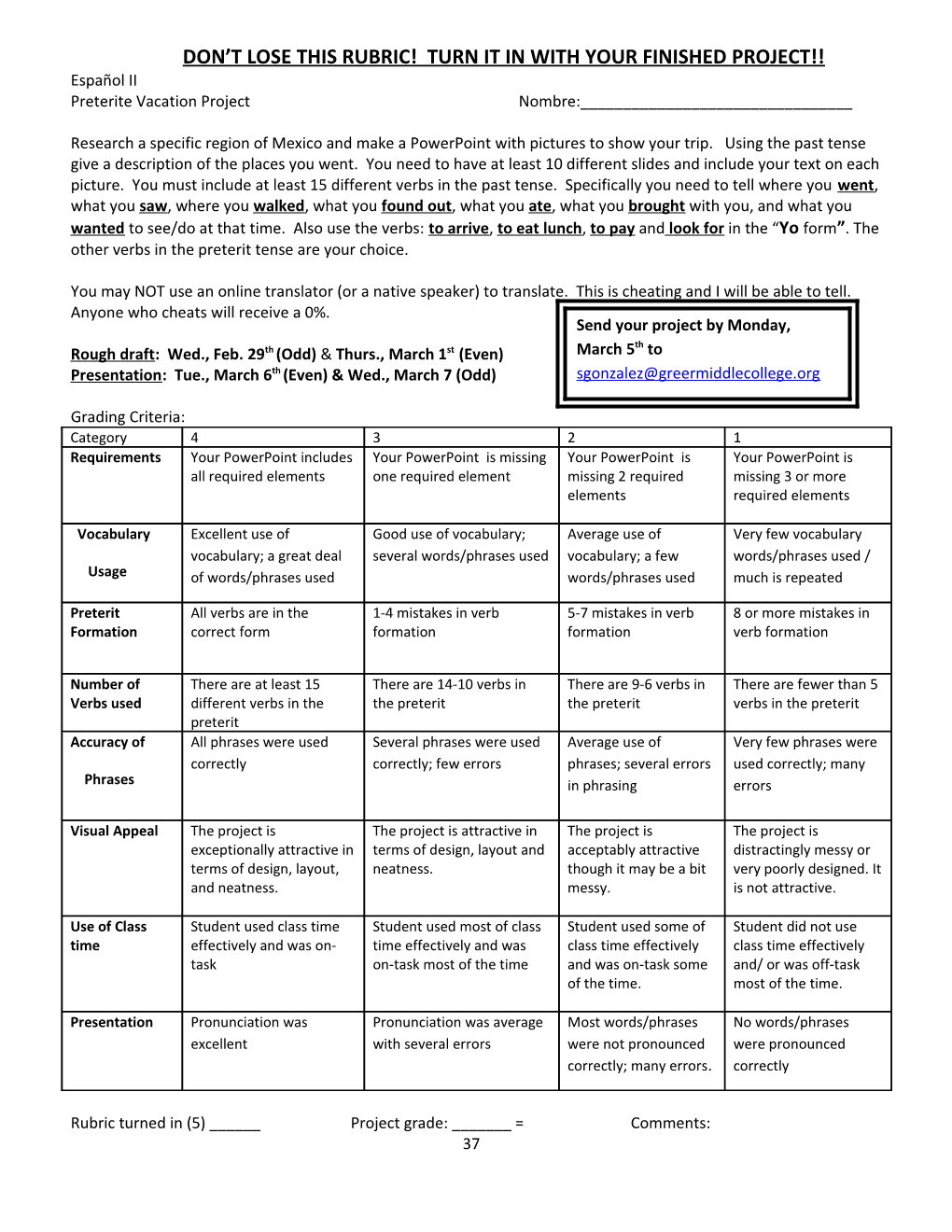 Don T Lose This Rubric! Turn It in with Your Finished Project