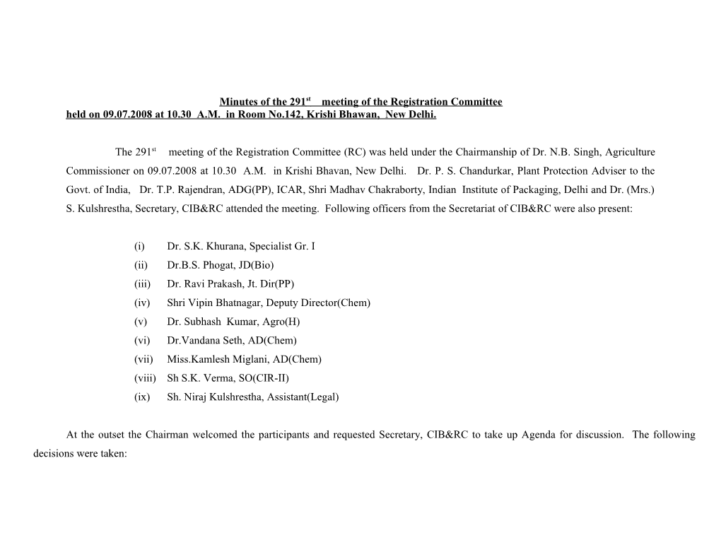 Minutes of the 289Th Meeting of the Registration Committee