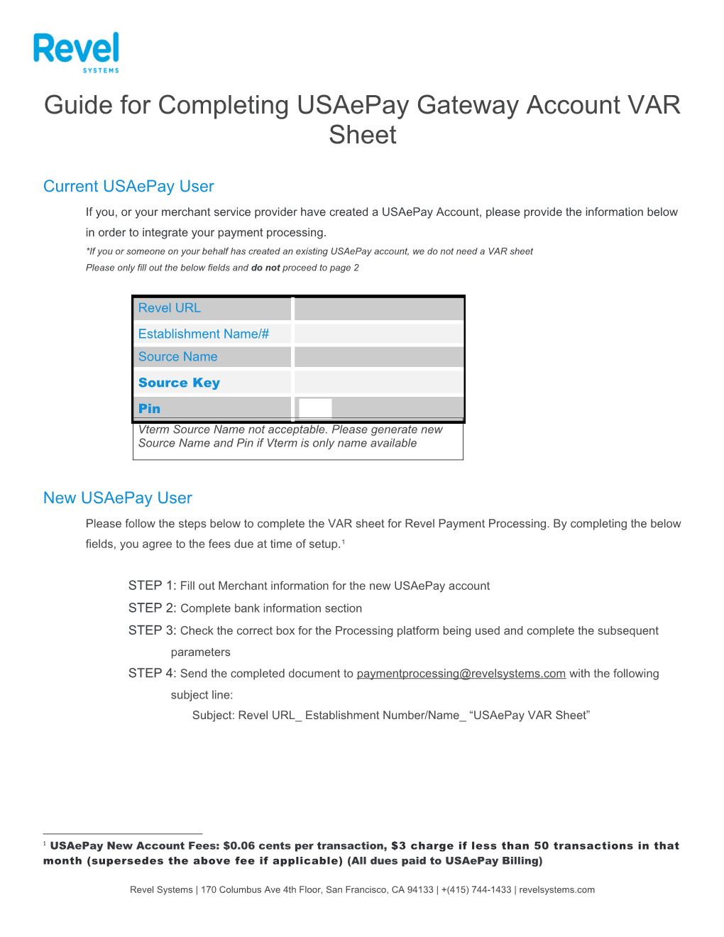 Guide for Completing Usaepay Gateway Account VAR Sheet