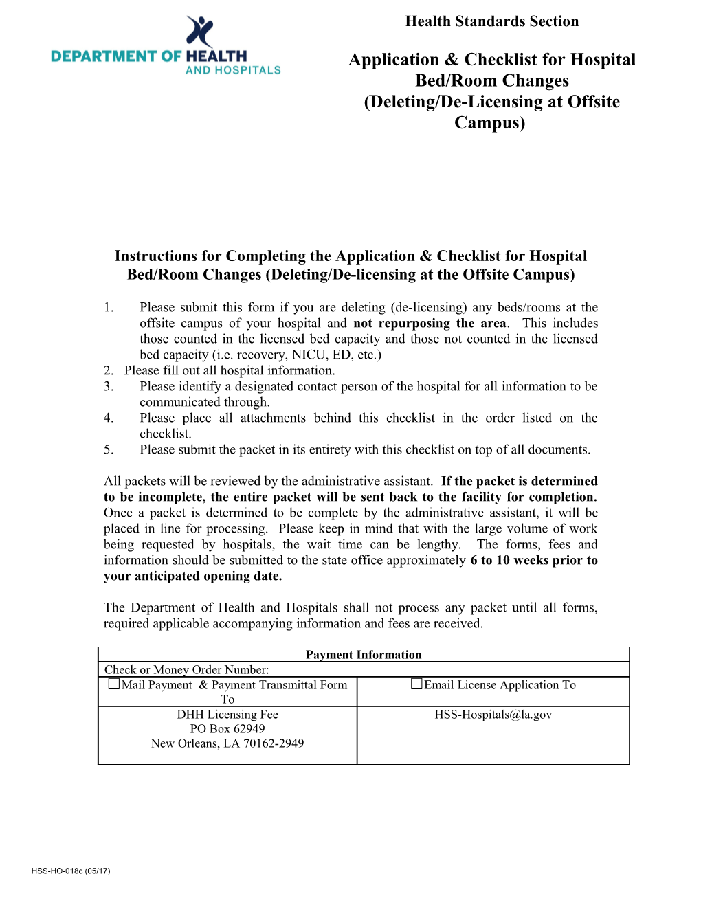 Instructions for Completing the Application & Checklist for Hospital Bed/Room Changes