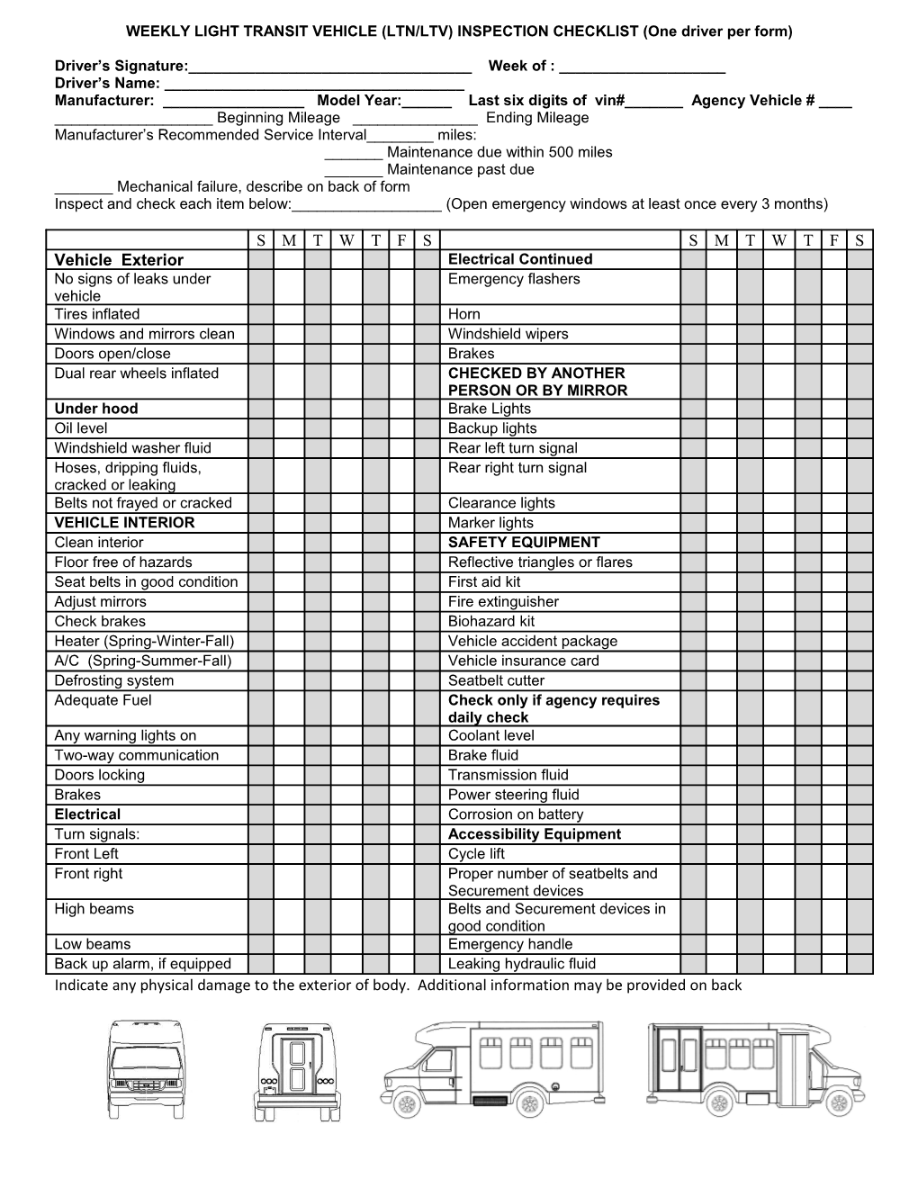 WEEKLY LIGHT TRANSIT VEHICLE (LTN/LTV) INSPECTION CHECKLIST (One Driver Per Form)