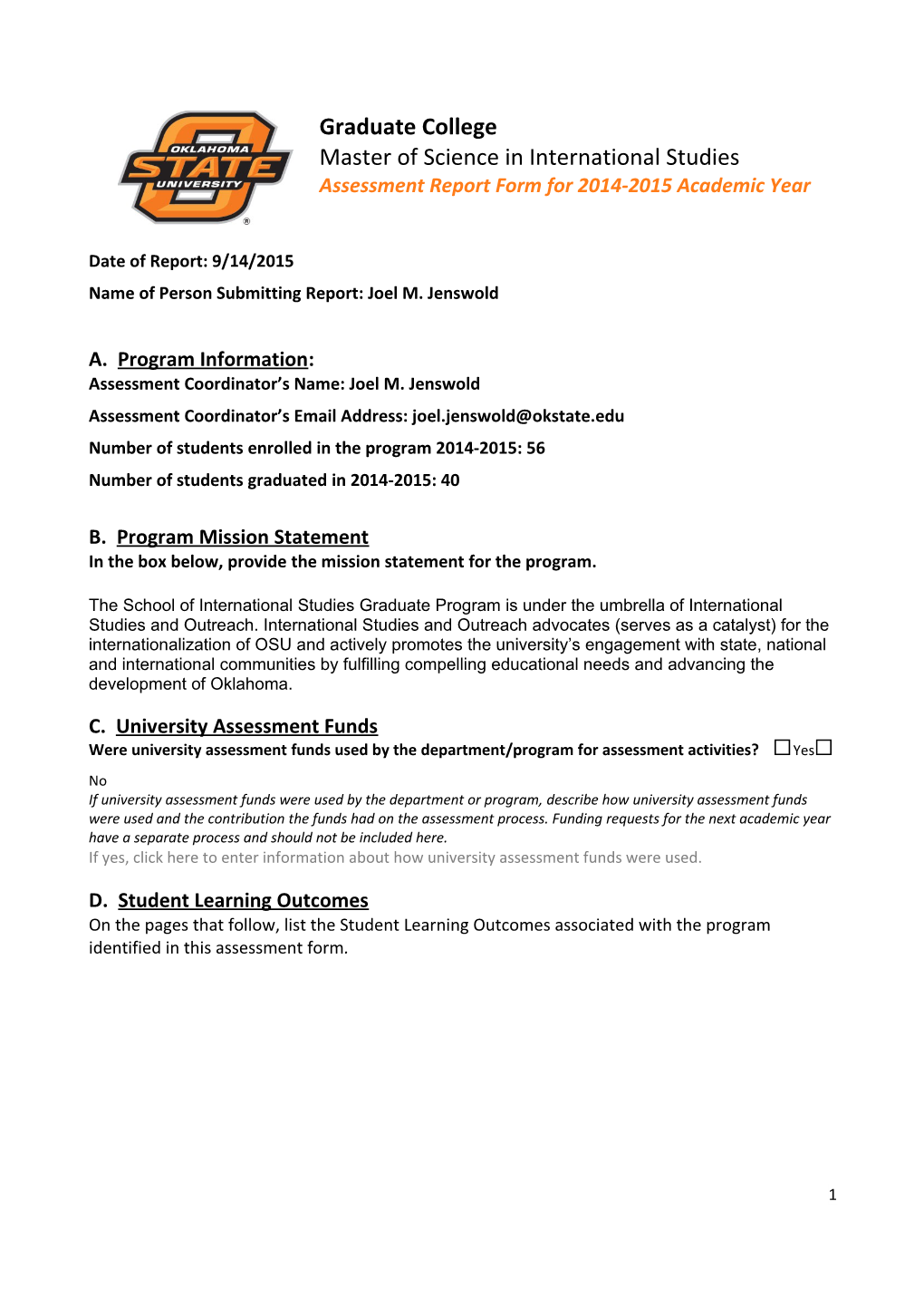 Assessment Report Form for 2014-2015 Academic Year