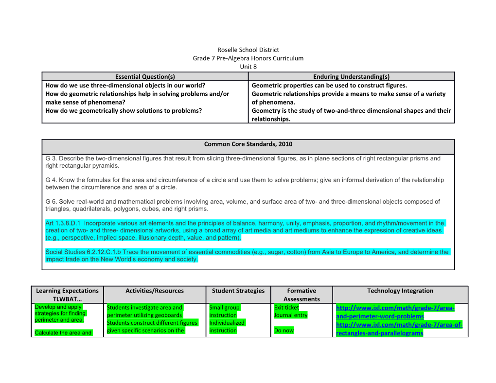 Grade 7 Pre-Algebra Honors Curriculum