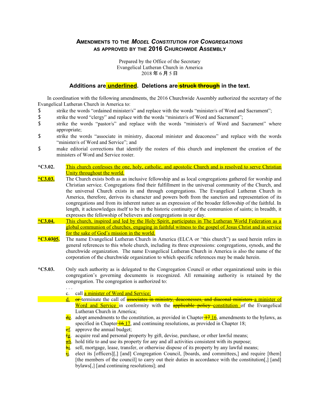 Amendments to the Model Constitution for Congregations 2016