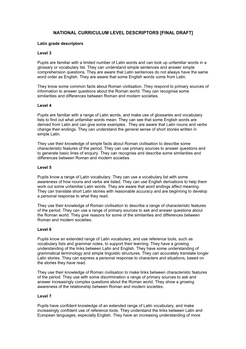 National Curriculum Level Descriptors Draft