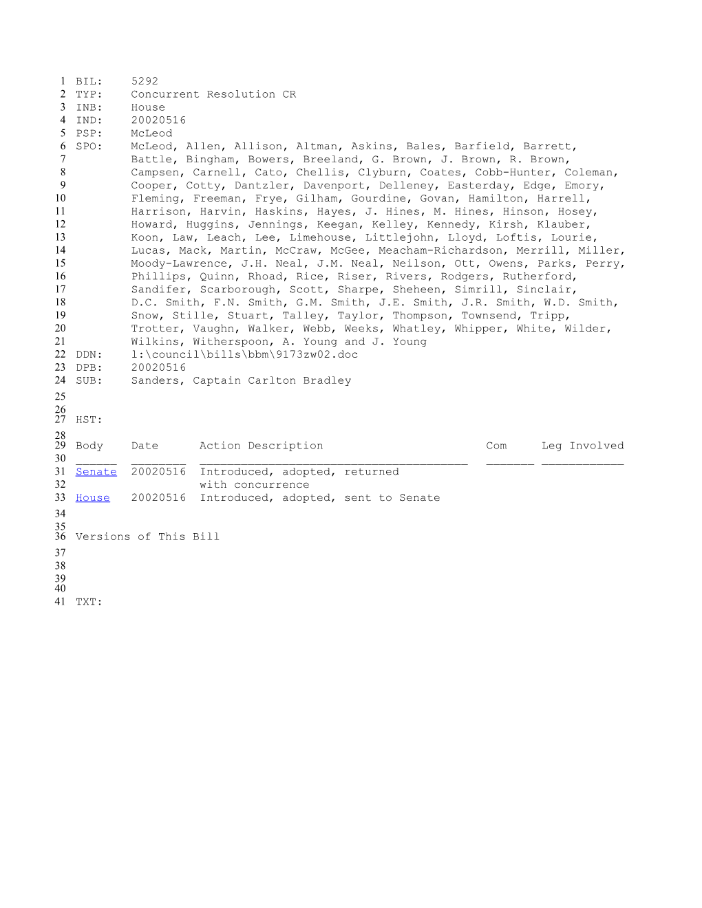 2001-2002 Bill 5292: Sanders, Captain Carlton Bradley - South Carolina Legislature Online