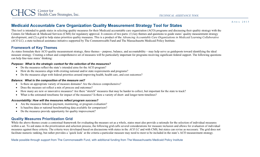 Medicaid Accountable Care Organization Quality Measurement Strategy Tool for States