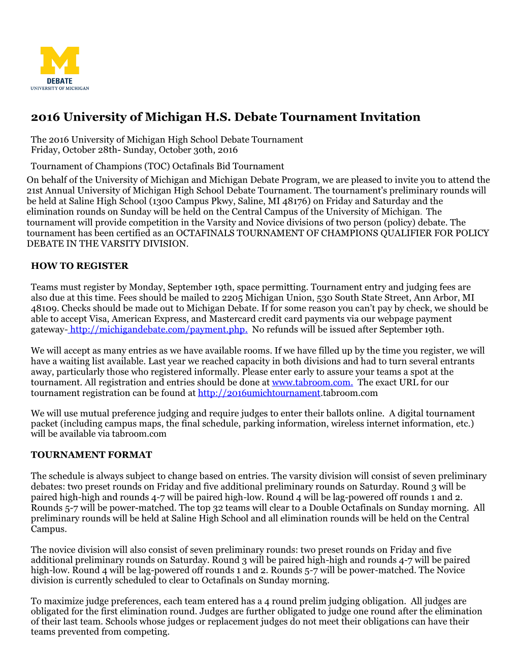 2016University of Michigan H.S.Debatetournamentinvitation