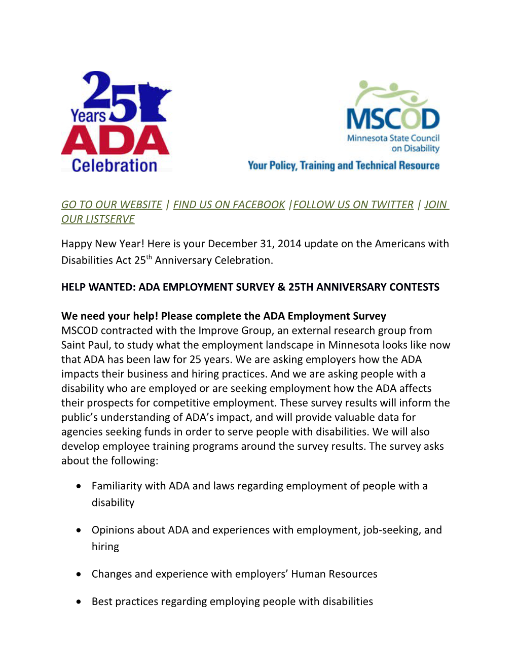 December 2014 MSCOD Update on the 25Th ADA Anniversary Celebration