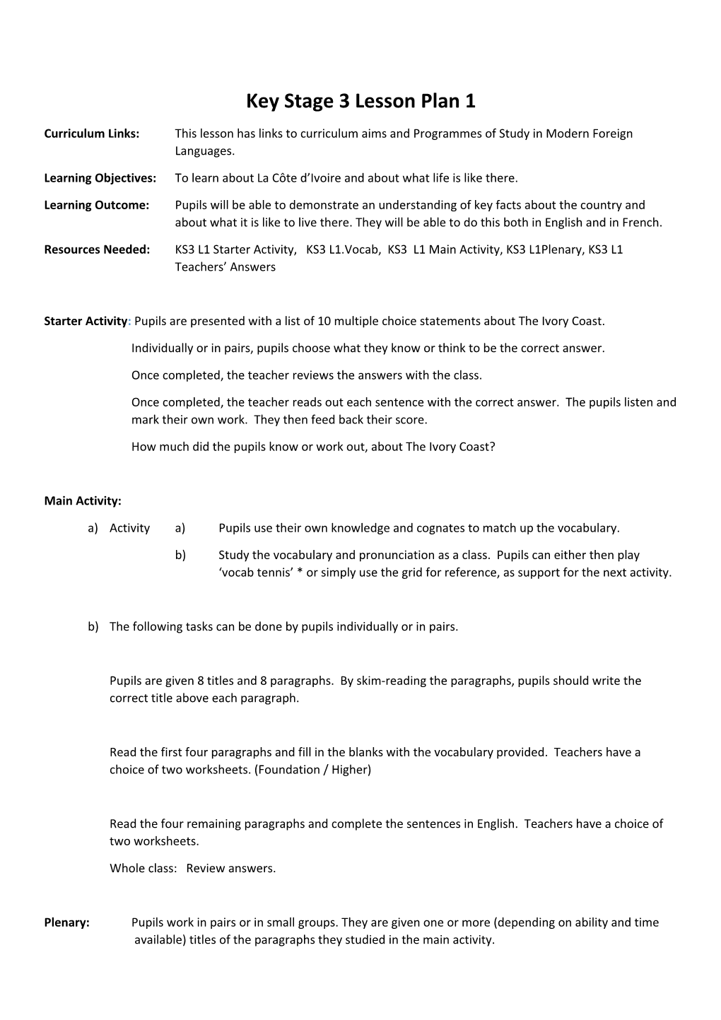 Key Stage 3 Lesson Plan 1