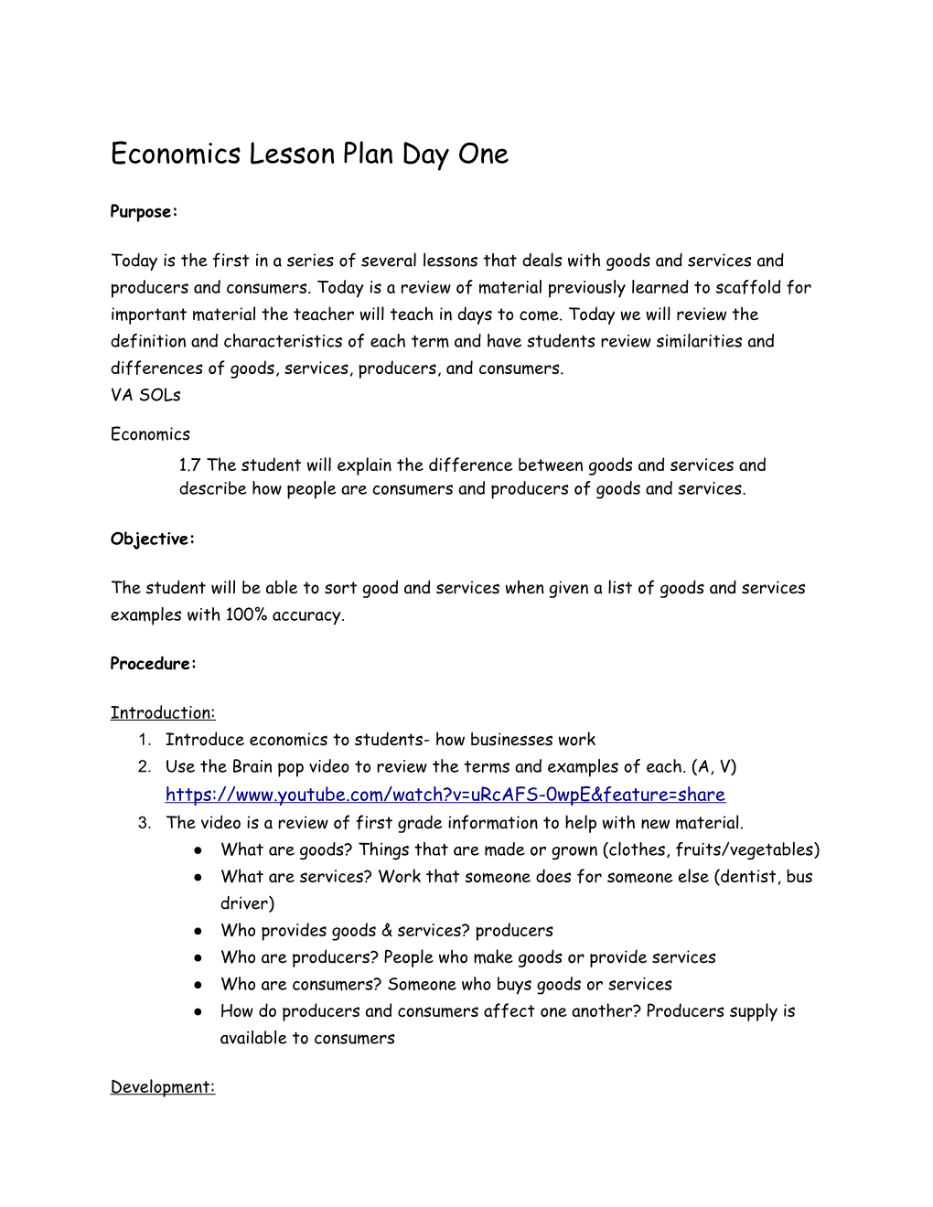 Economics Lesson Plan Day One