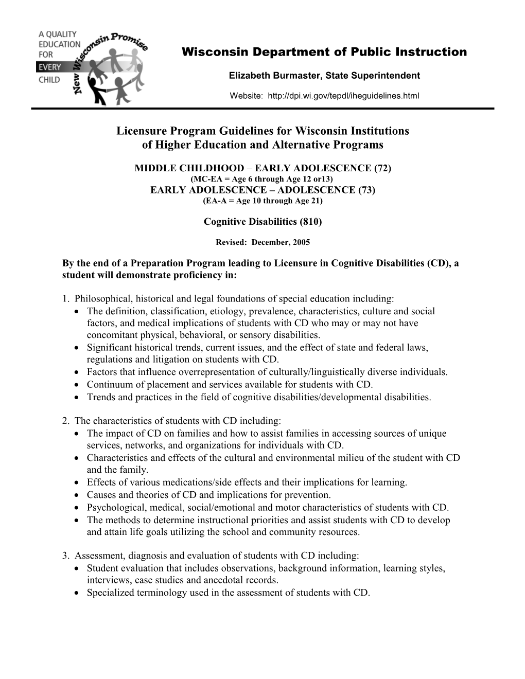 Licensure Program Guidelines for Wisconsin Institutions of Higher Education and Alternative