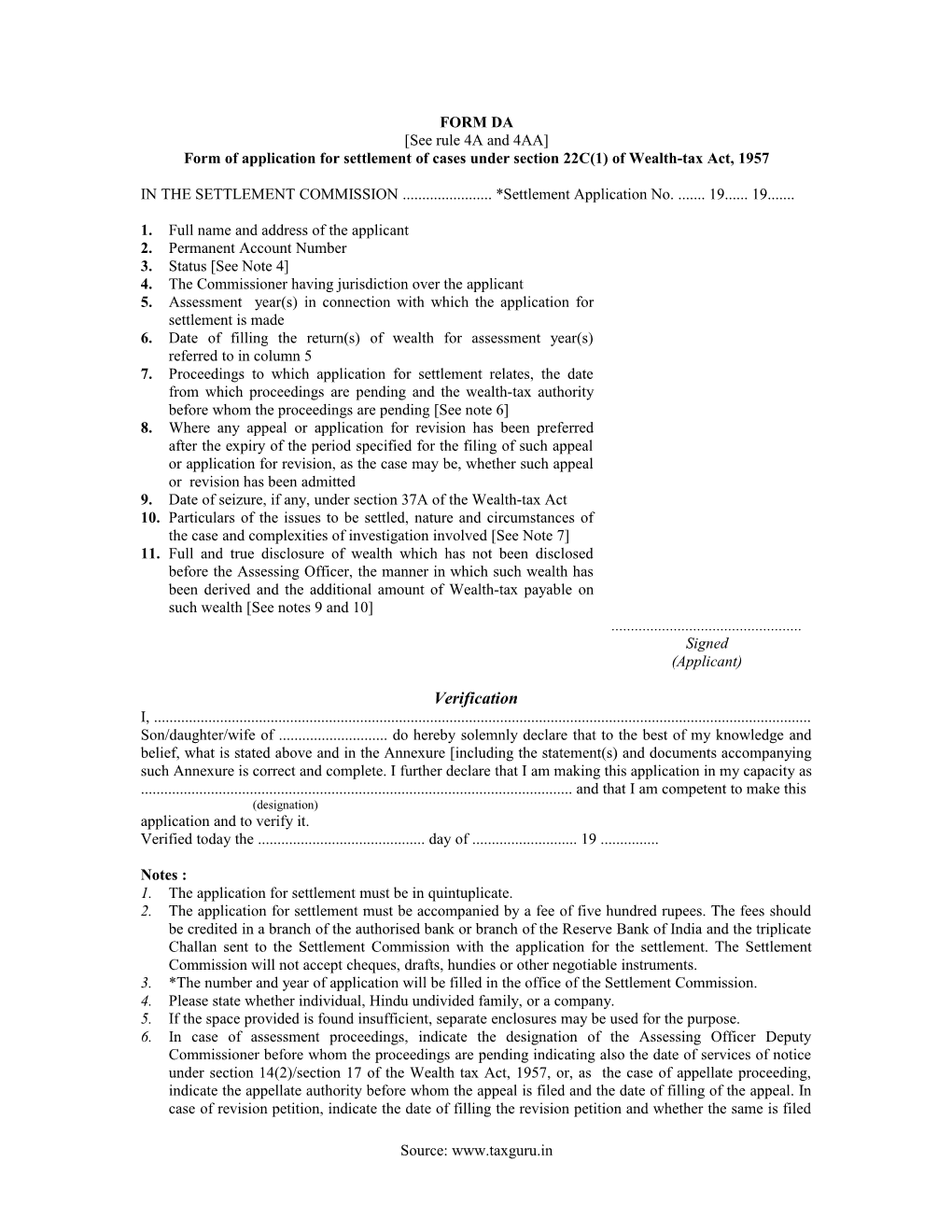 Form of Application for Settlement of Cases Under Section 22C(1) of Wealth-Tax Act, 1957