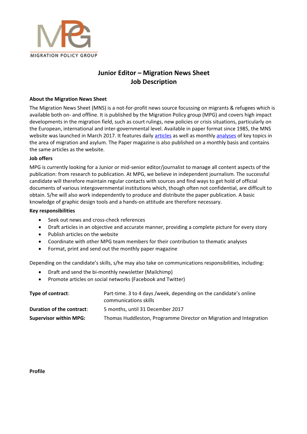 Junior Editor Migration News Sheet