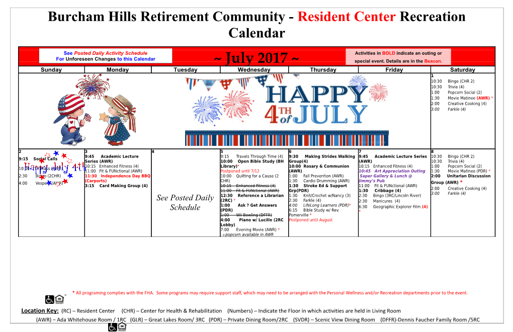 Burcham Hills Retirement Community - Resident Center Recreation Calendar