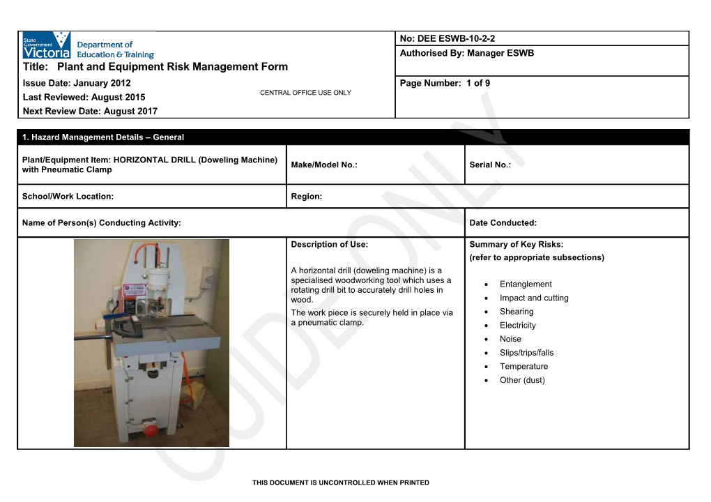 Plant and Equipment Risk Management Form - Dowelling Machine