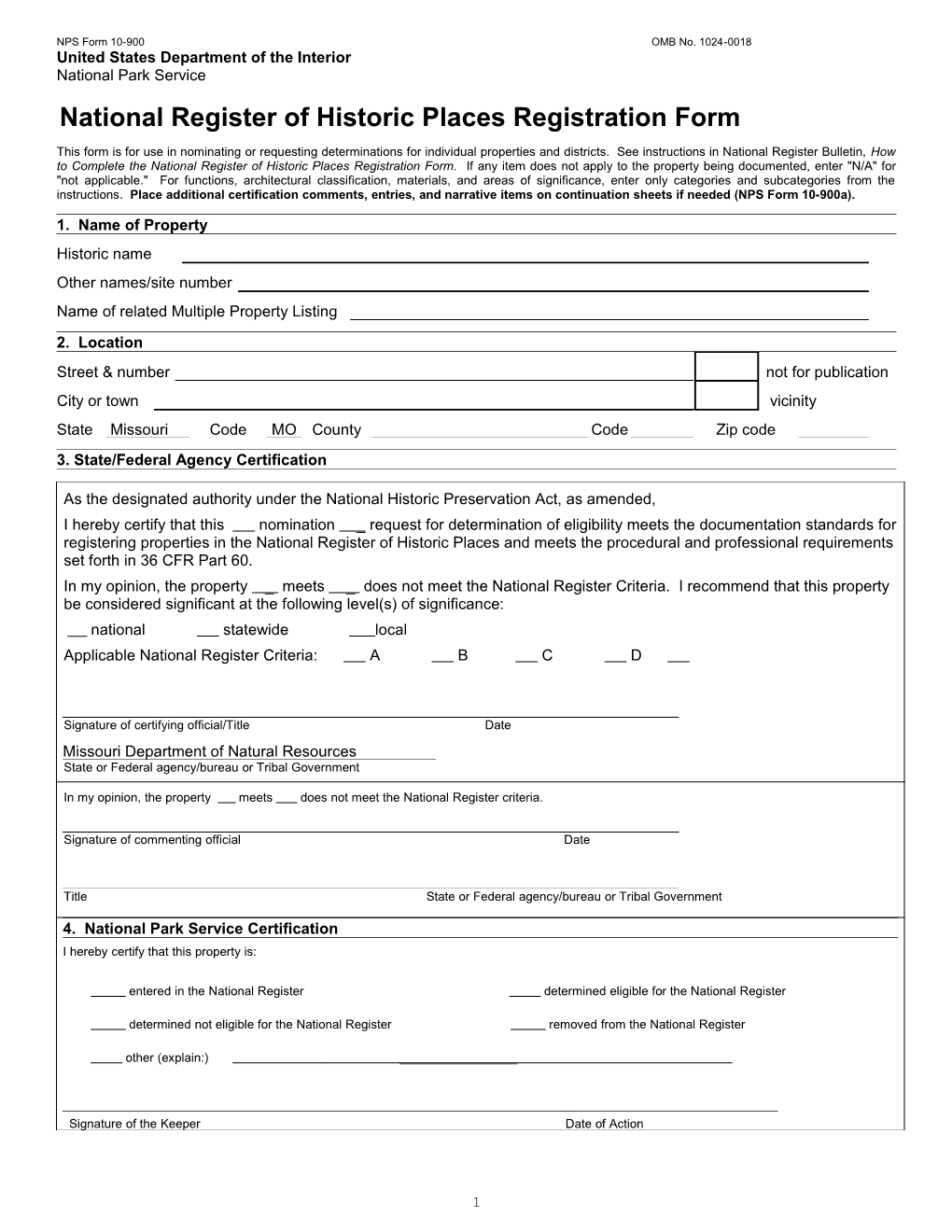 NPS Form 10 900 OMB No. 1024 0018