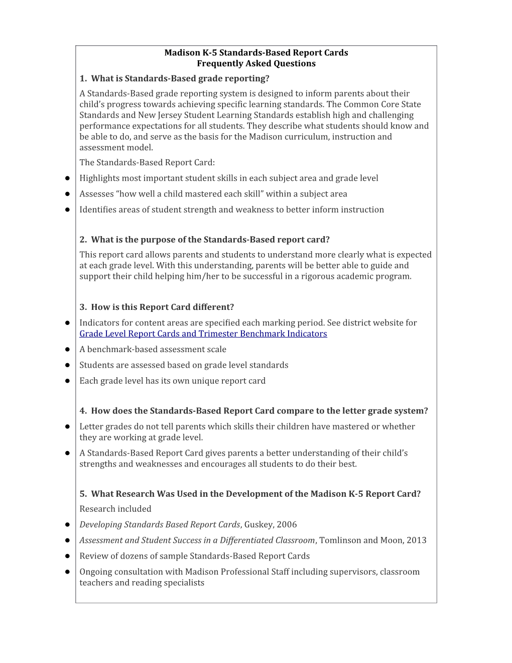 Madison K-5 Standards-Based Report Cards