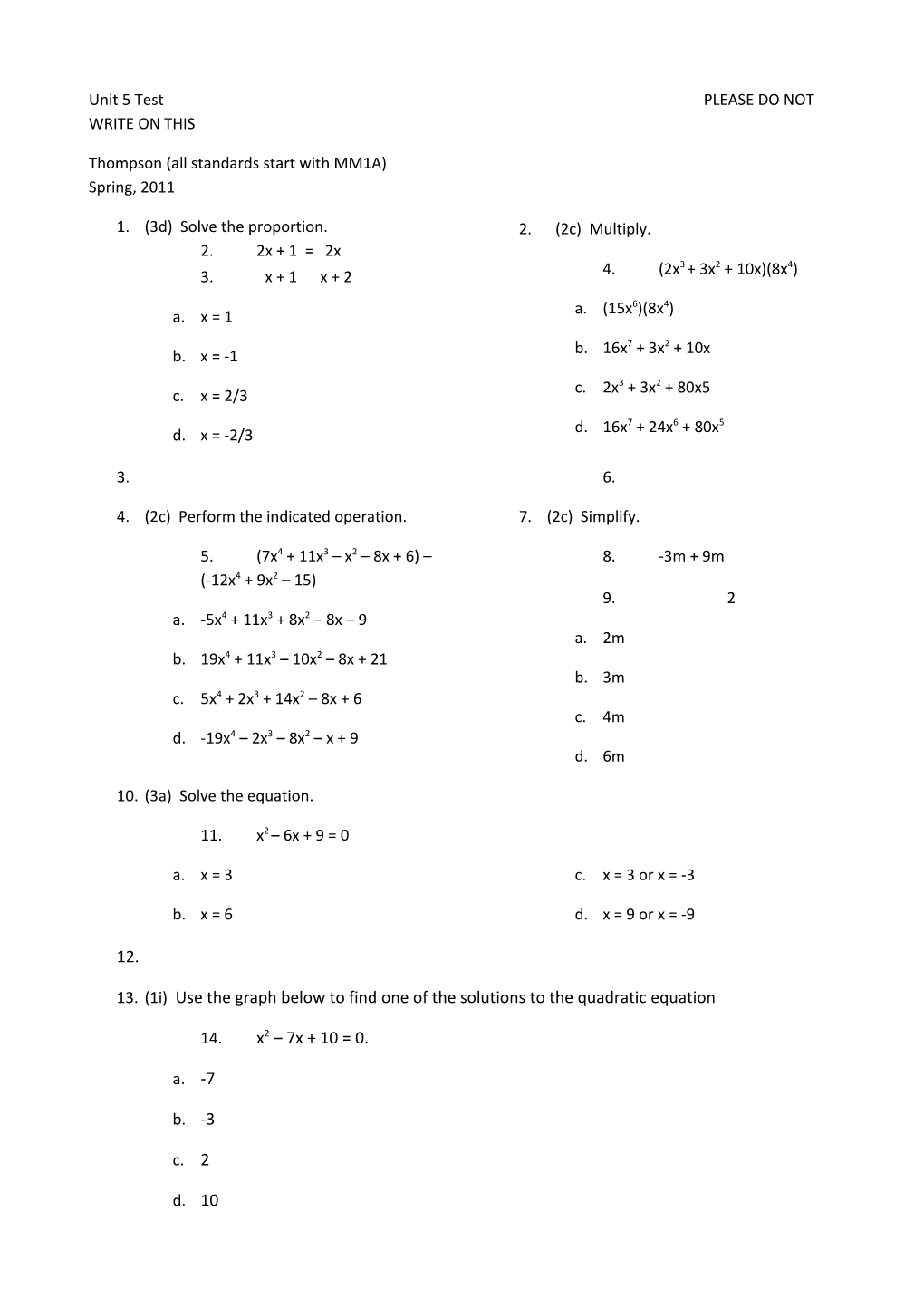 Unit 5 Test PLEASE DO NOT WRITE on THIS