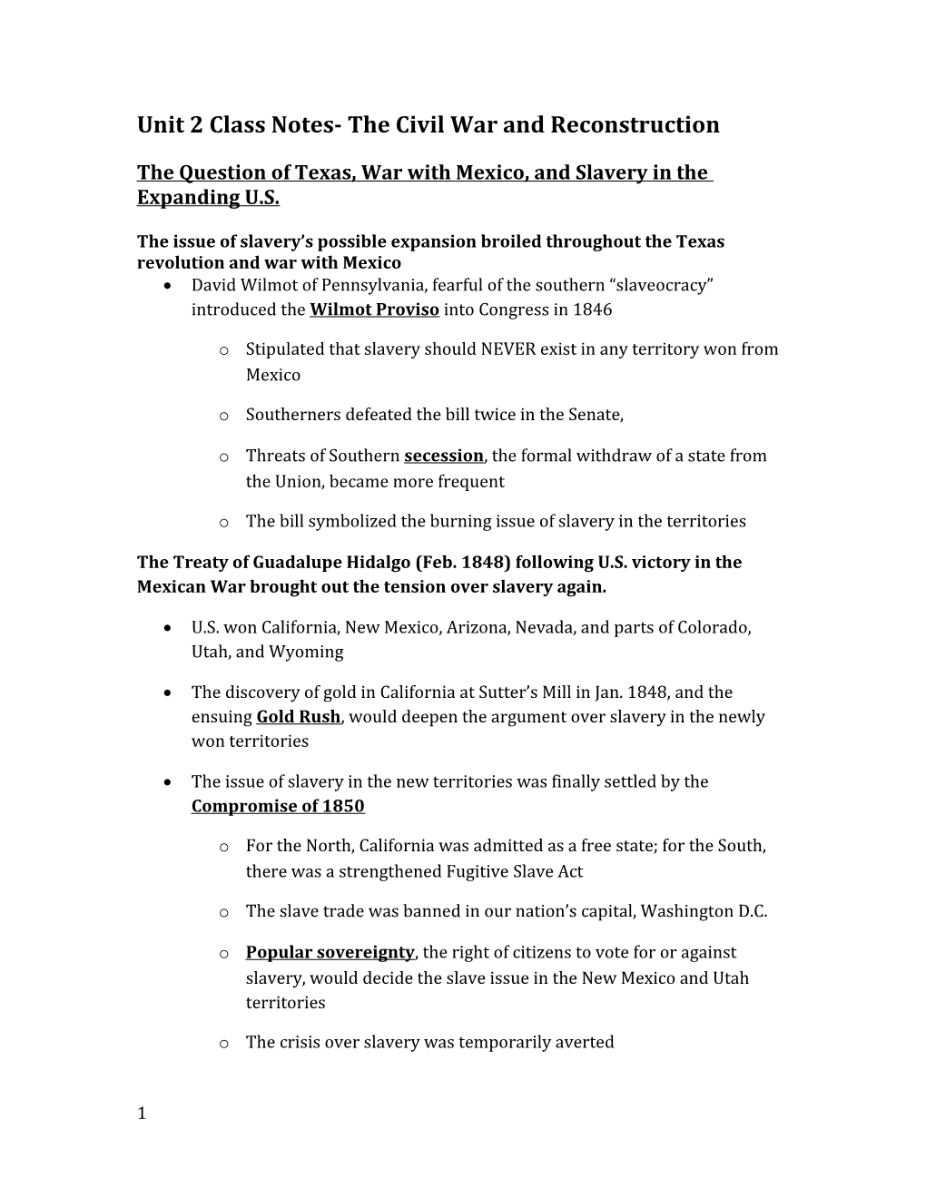 Unit 2 Class Notes- the Civil War and Reconstruction