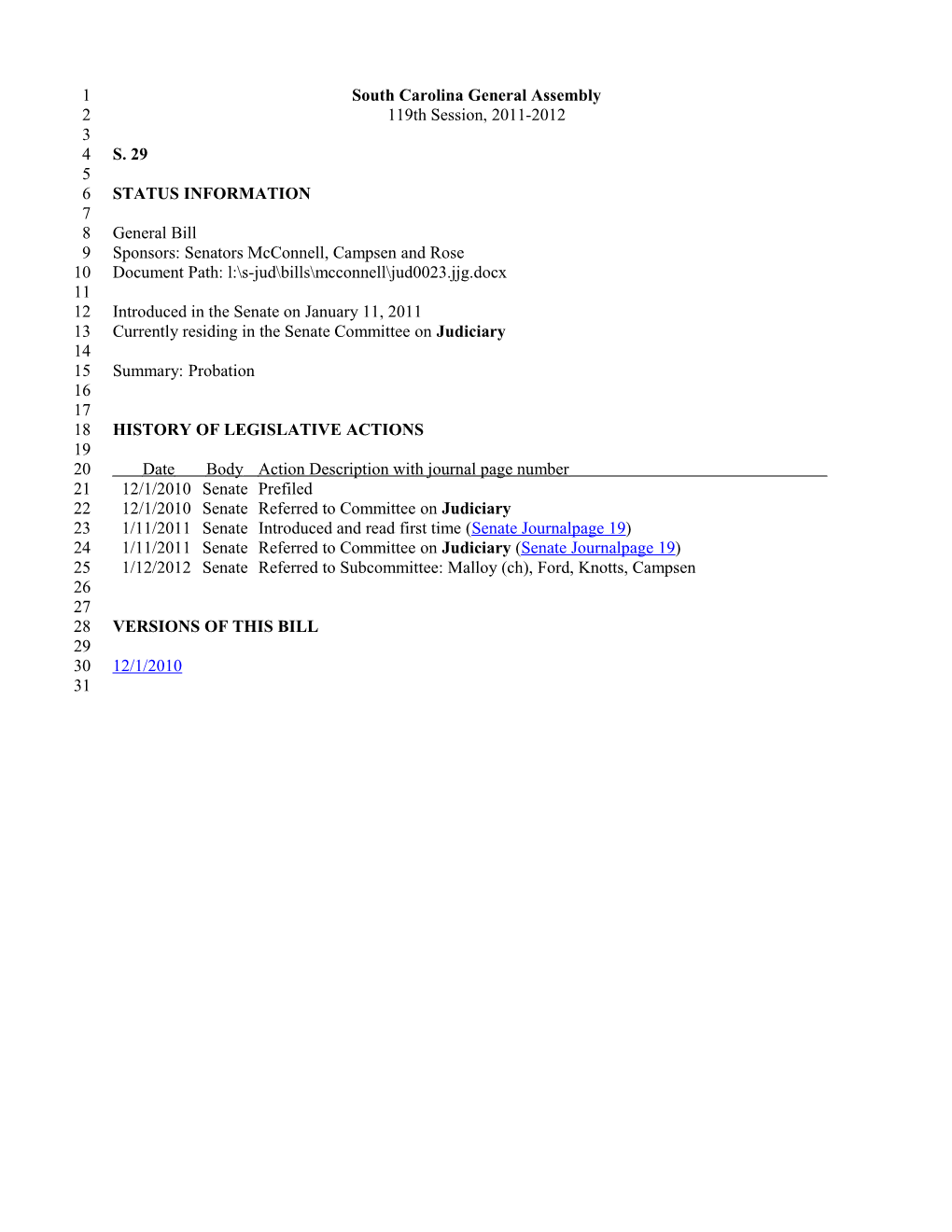 2011-2012 Bill 29: Probation - South Carolina Legislature Online