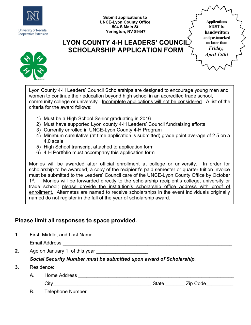 Applications Due Into the Extension Office by April 17, 2006