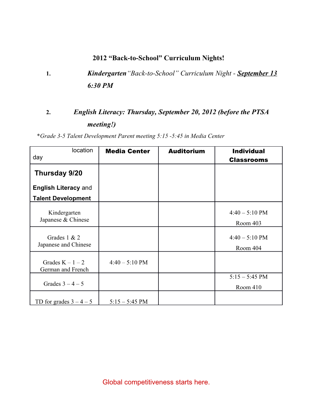 2012 Back-To-School Curriculum Nights!