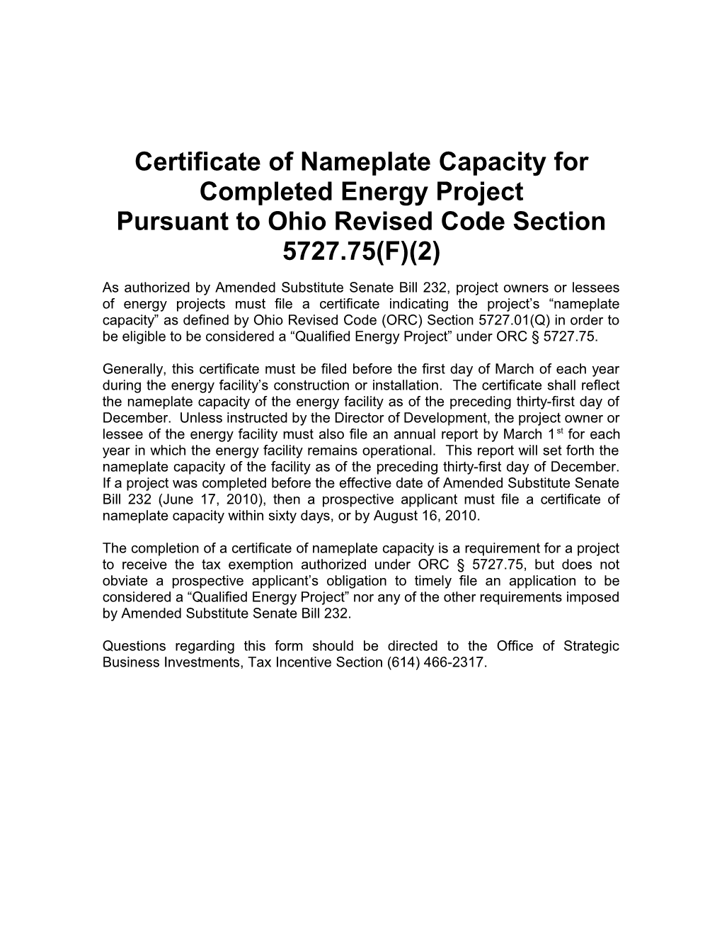 Certificate of Nameplate Capacity for Completed Energy Project