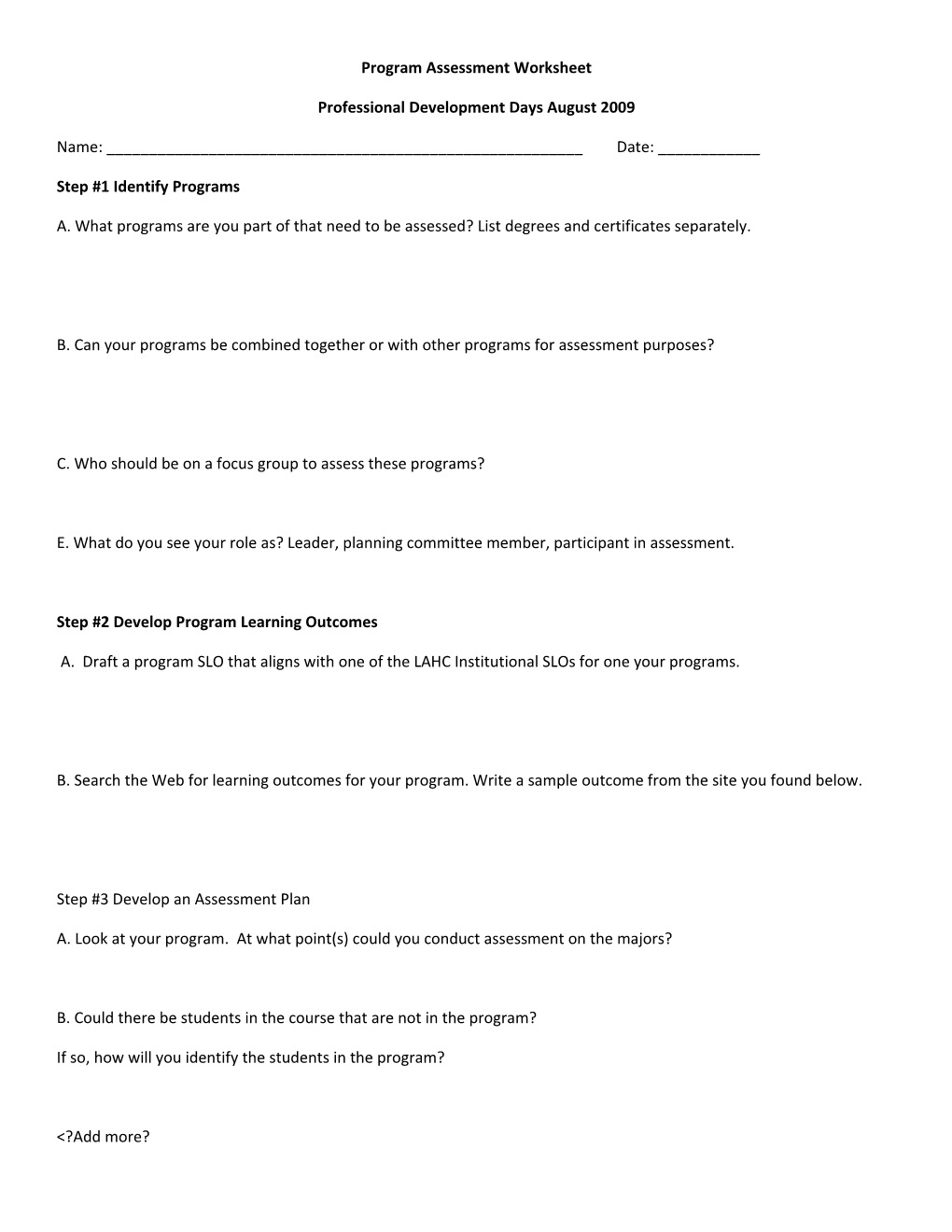 Program Assessment Worksheet