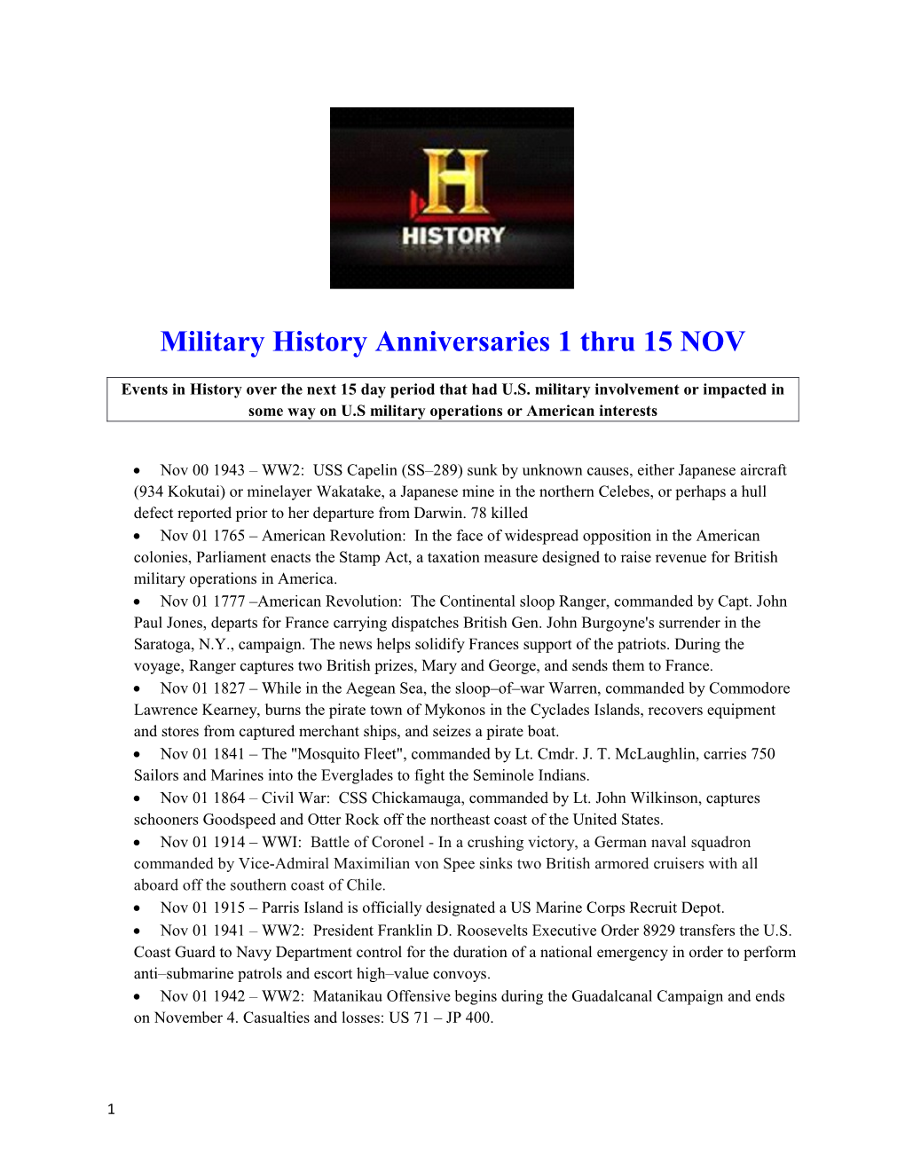 Military History Anniversaries 1 Thru 15NOV