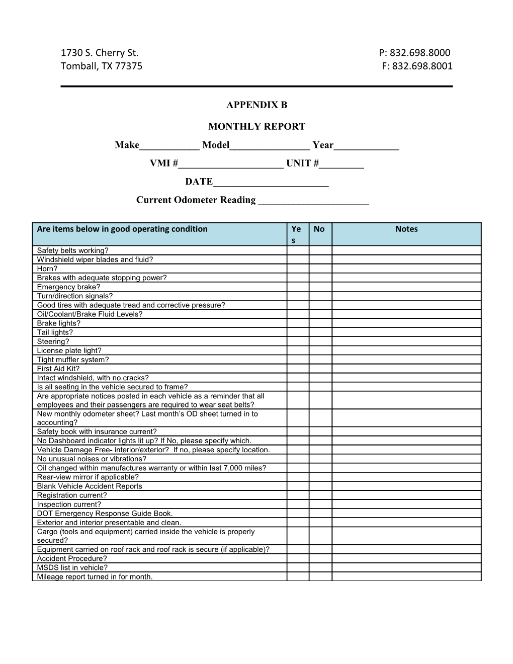 Vehicle Safety Checklist