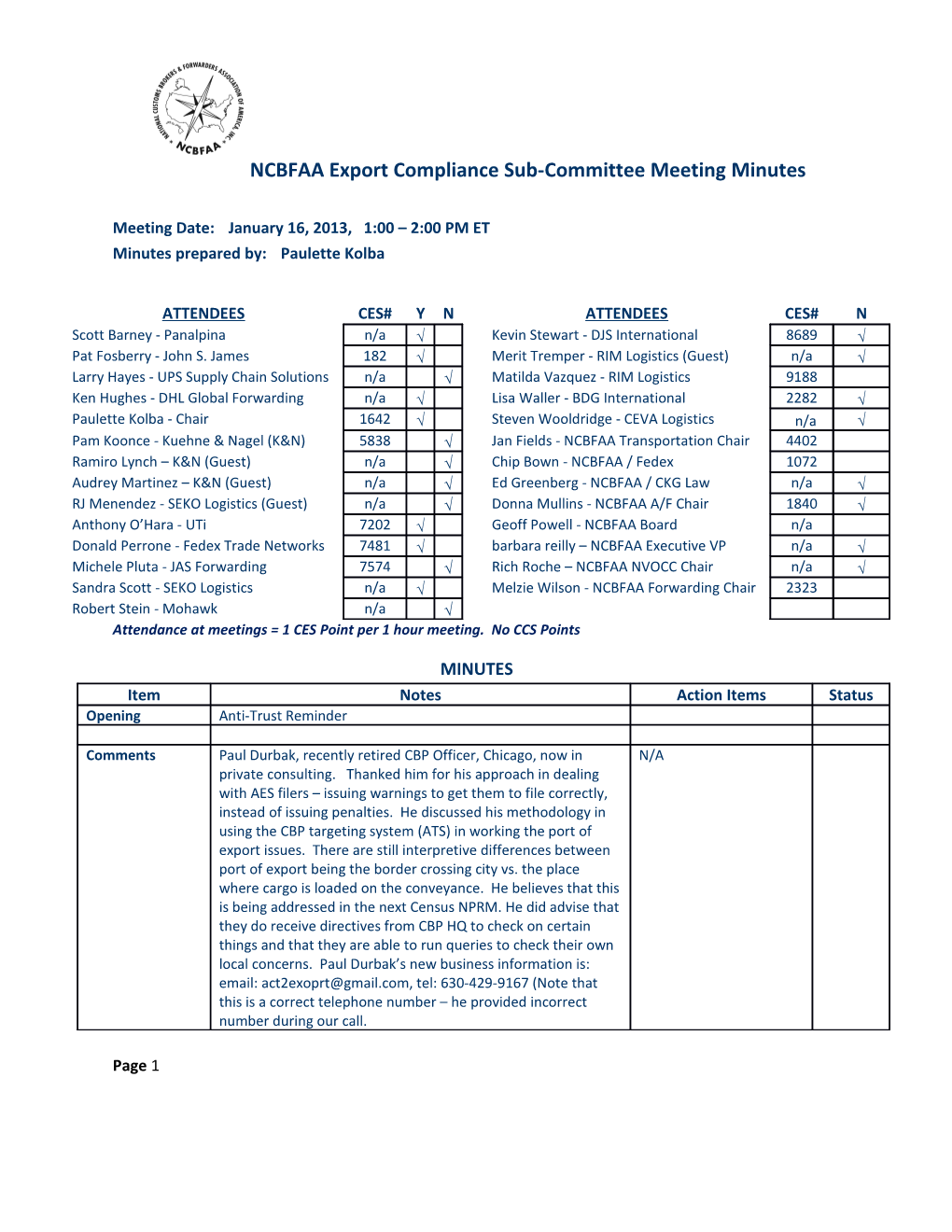 NCBFAA Export Compliance Sub-Committee Meeting Minutes