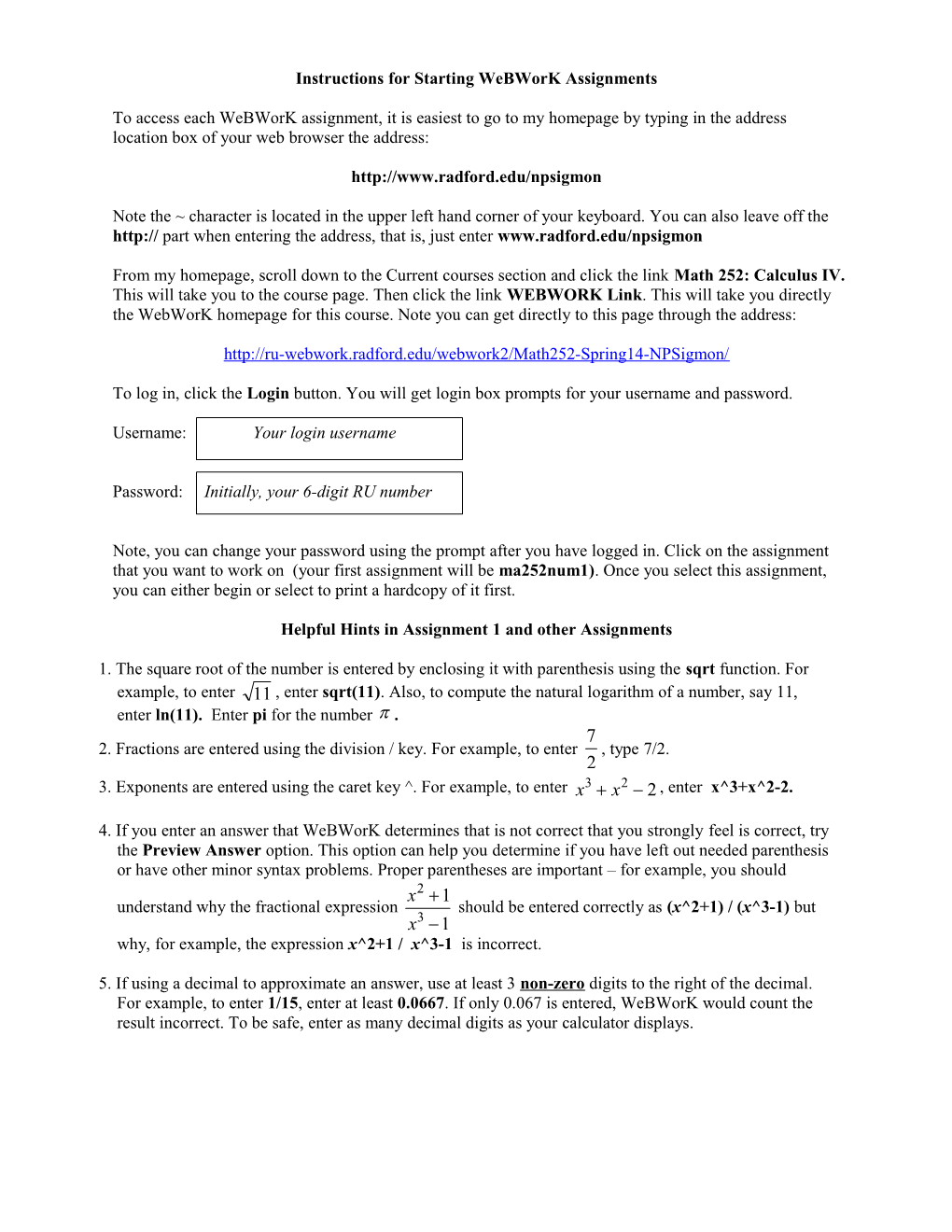Instructions for Webwork Assignments