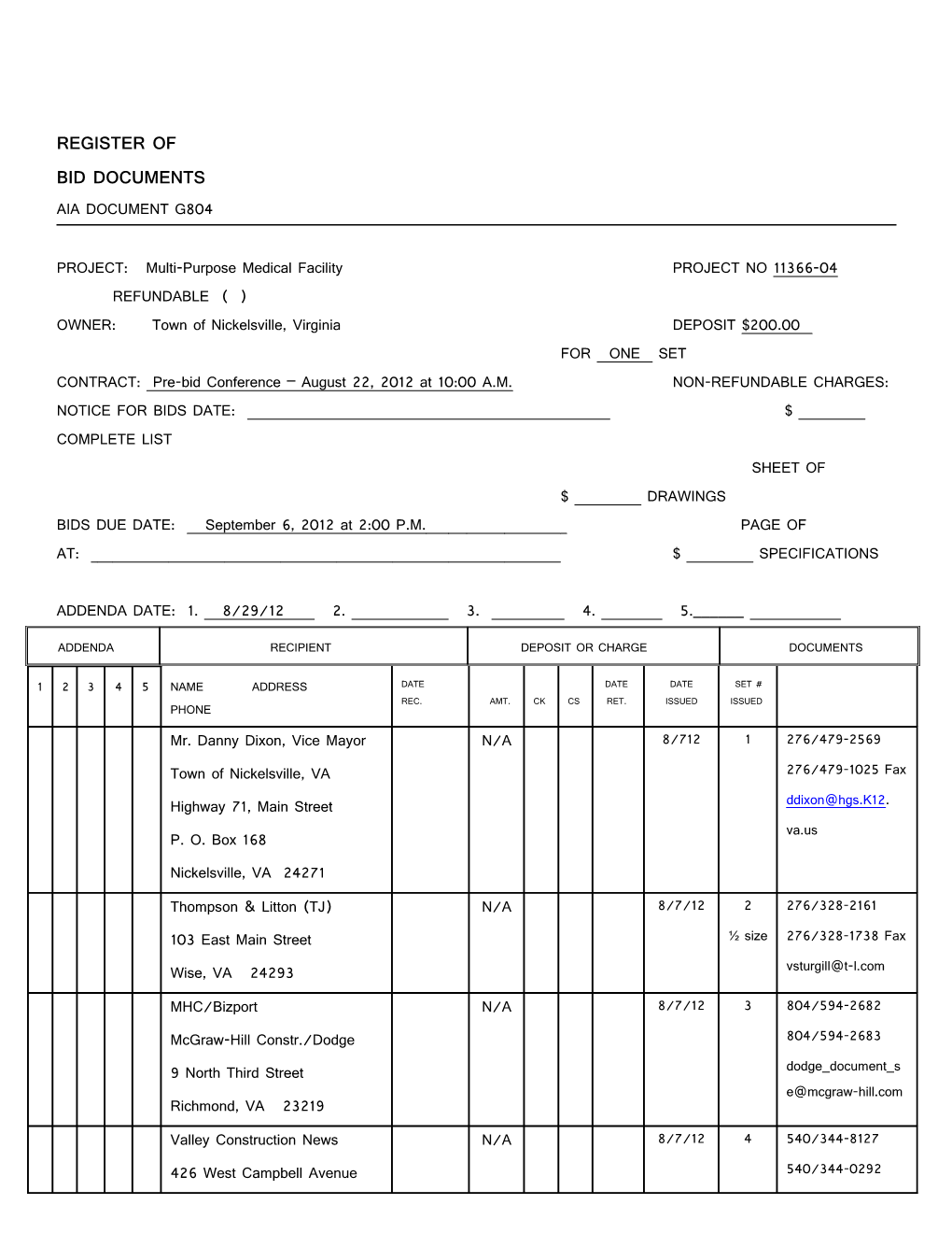 PROJECT: Multi-Purpose Medical Facility PROJECT NO11366-04 REFUNDABLE ( )