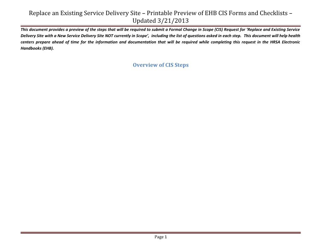 Replace an Existing Service Delivery Site Printable Preview of EHB CIS Forms and Checklists