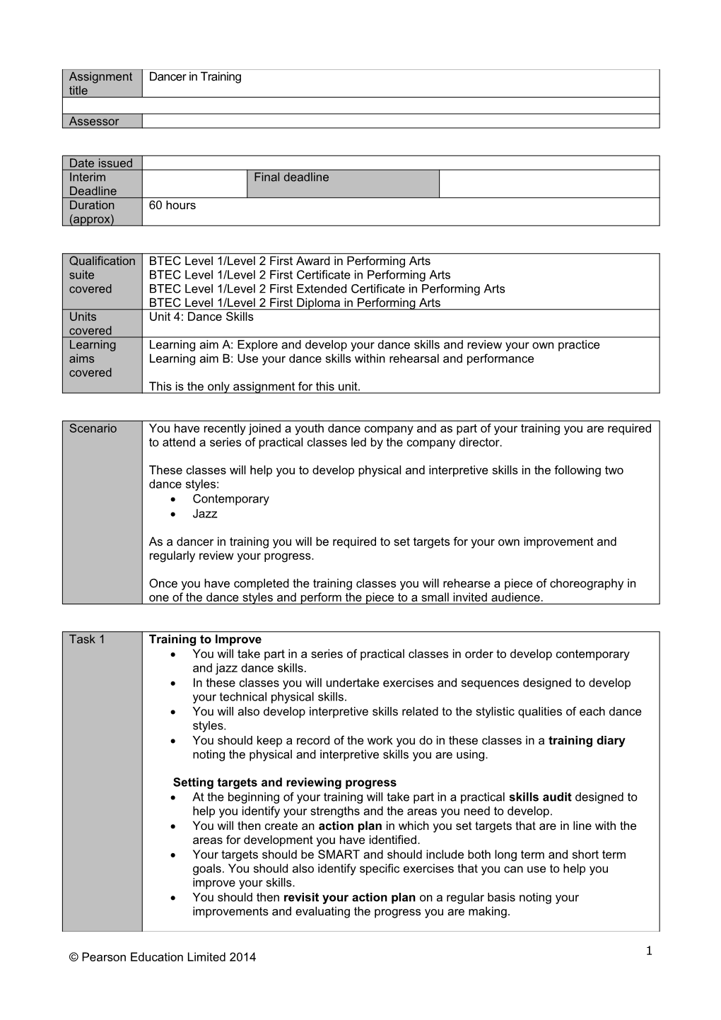 Authorised Assignment Brief - Unit 4: Dance Skills - New Issue Feb 2014