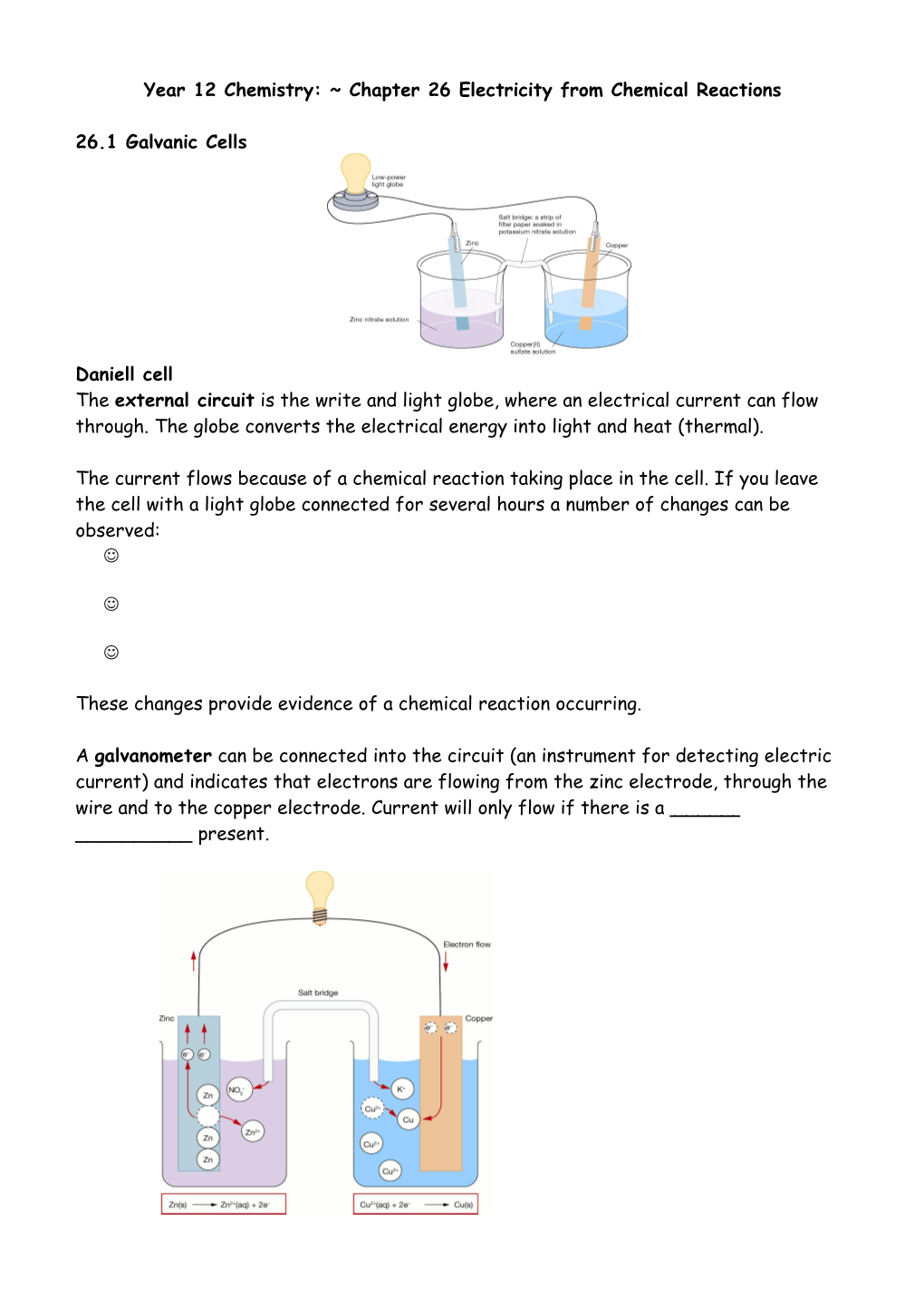 Year 12 Chemistry: Chapter 26 Electricity from Chemical Reactions