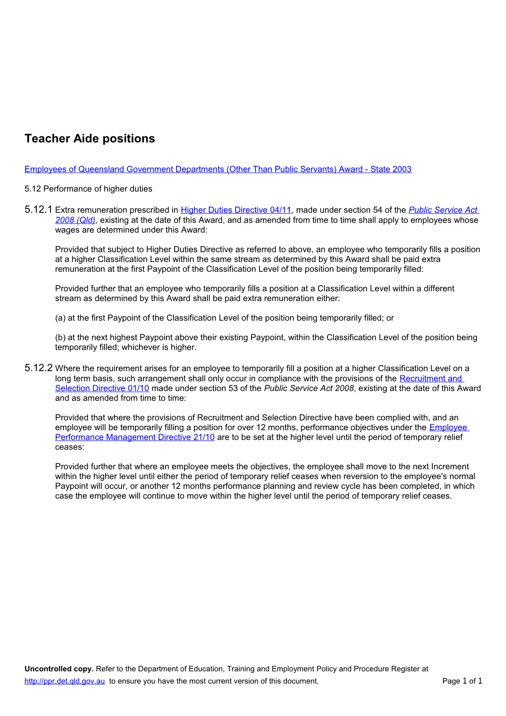 Teacher Aide Positions