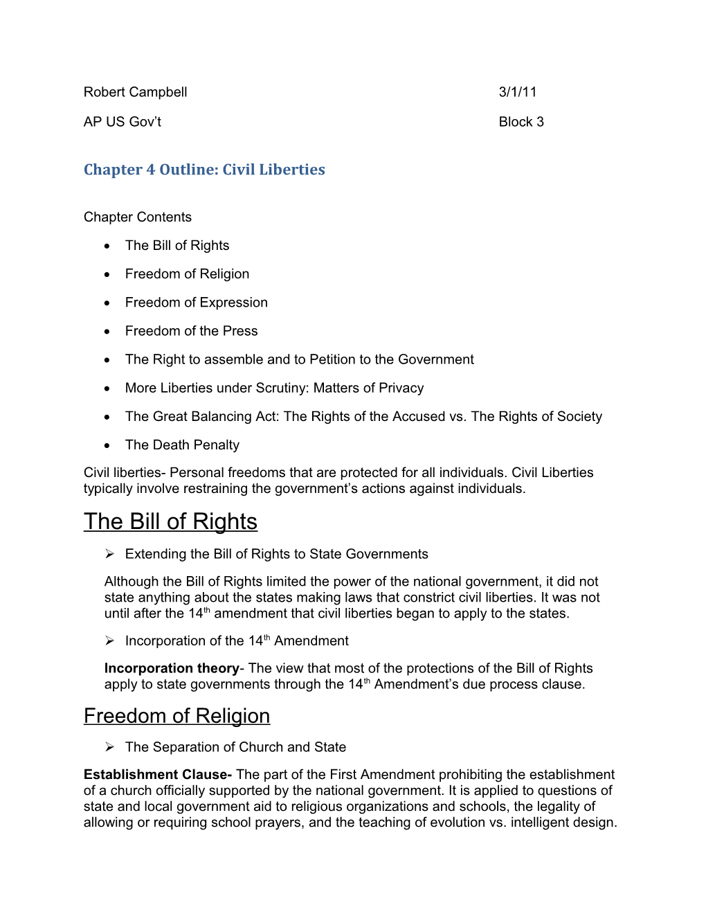 Chapter 4 Outline: Civil Liberties