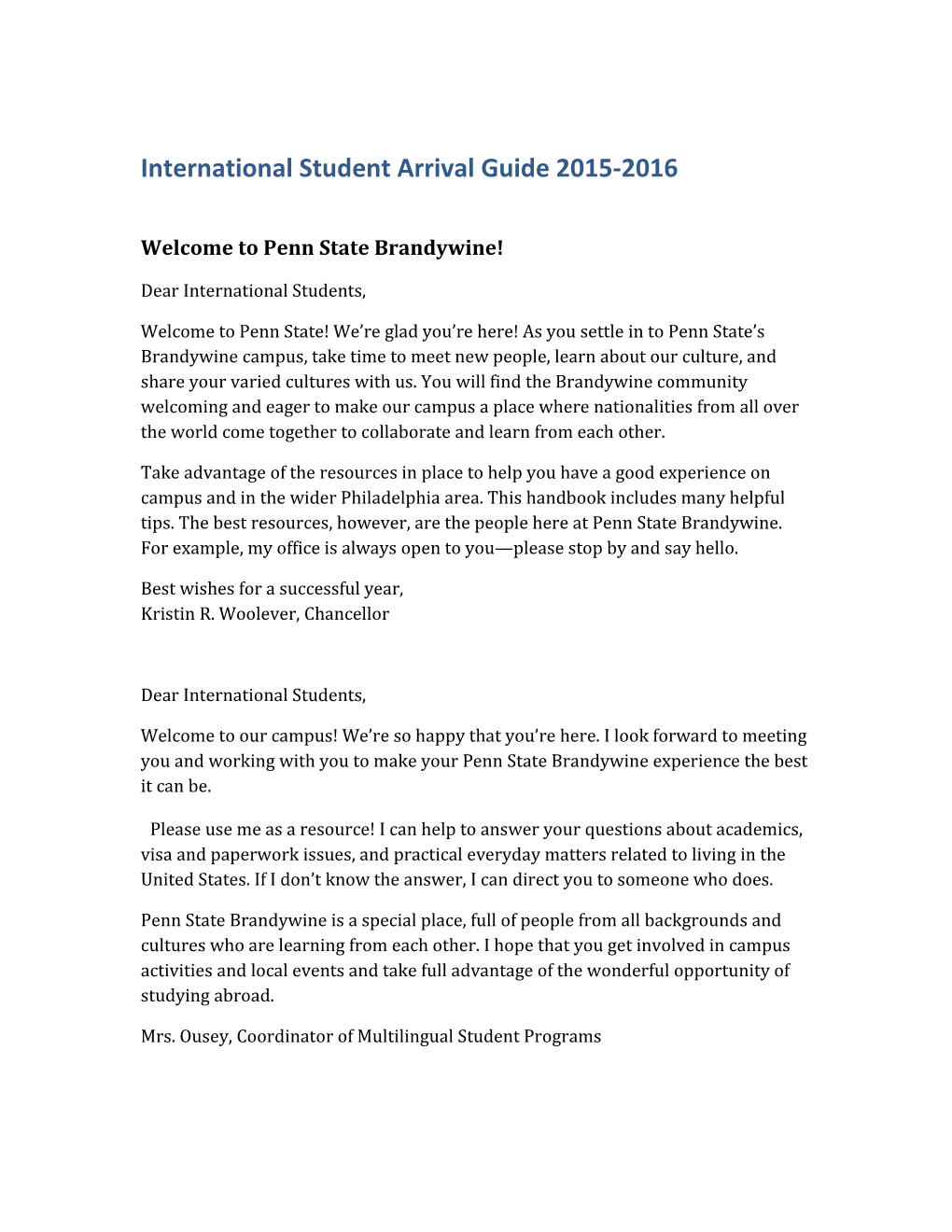 International Student Arrival Guide 2015-2016