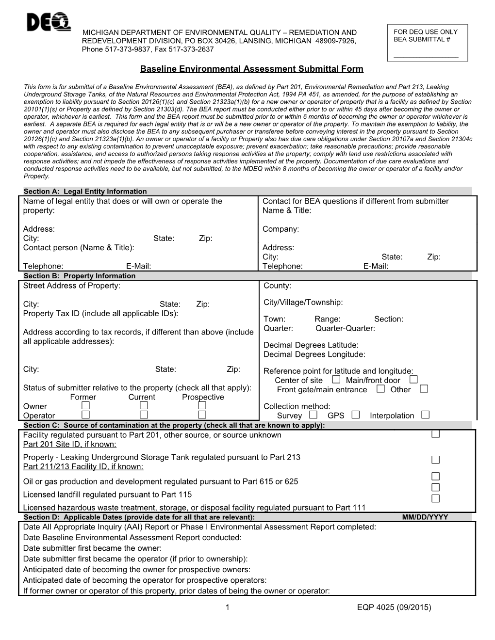 Baseline Environmental Assessment Submittal Form EQP 4025