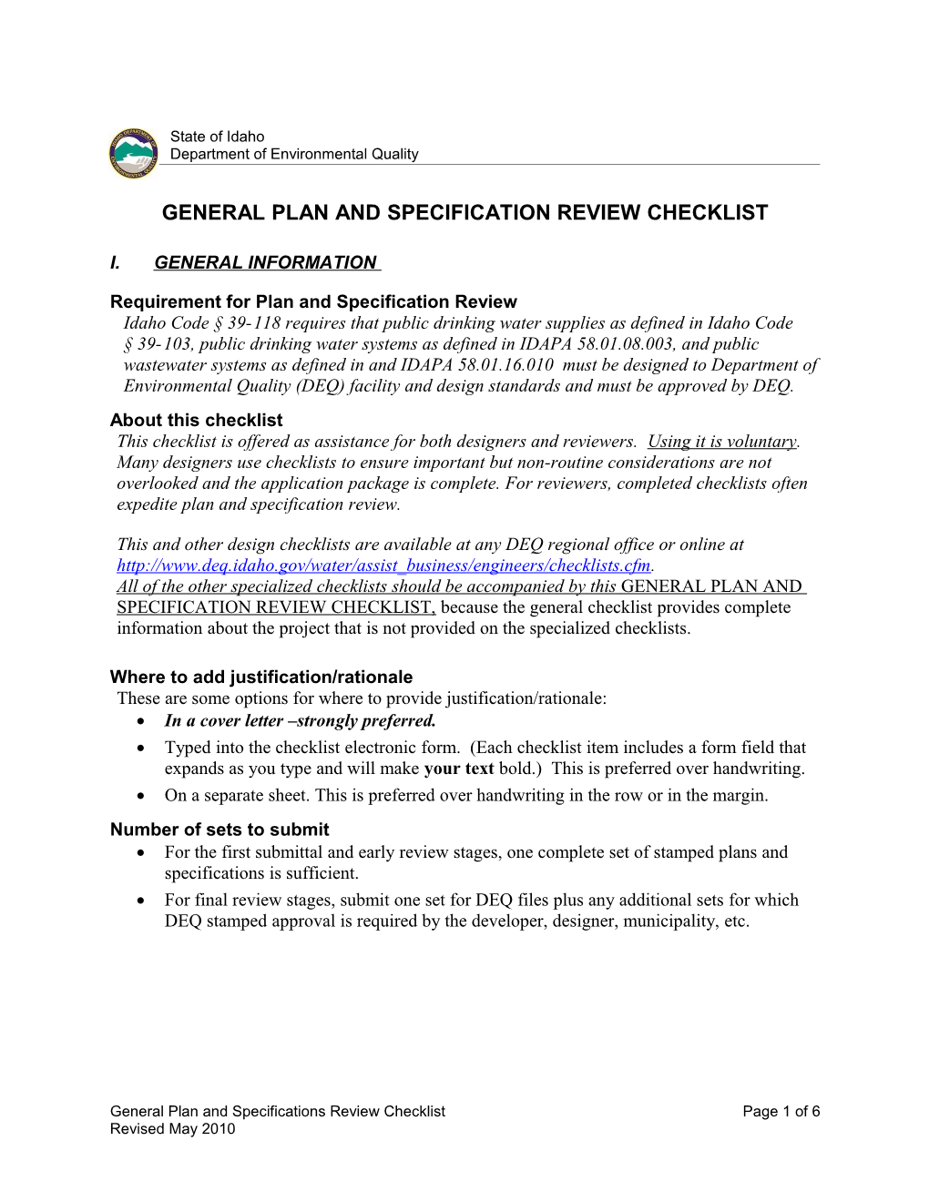 General Plan and Specification Review Checklist