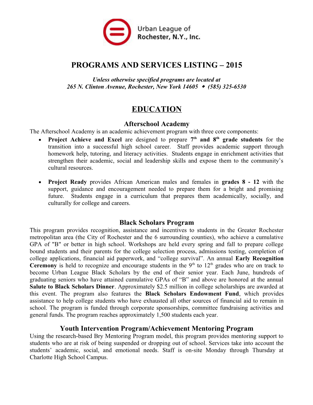 Programs and Services Listing 2015