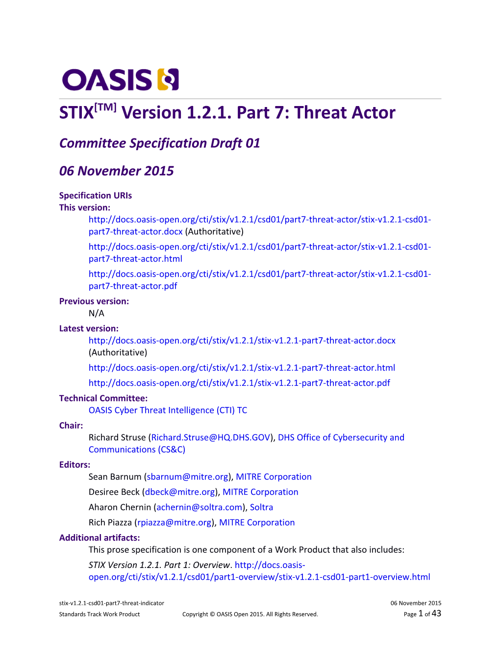 STIX Version 1.2.1. Part 7: Threat Actor