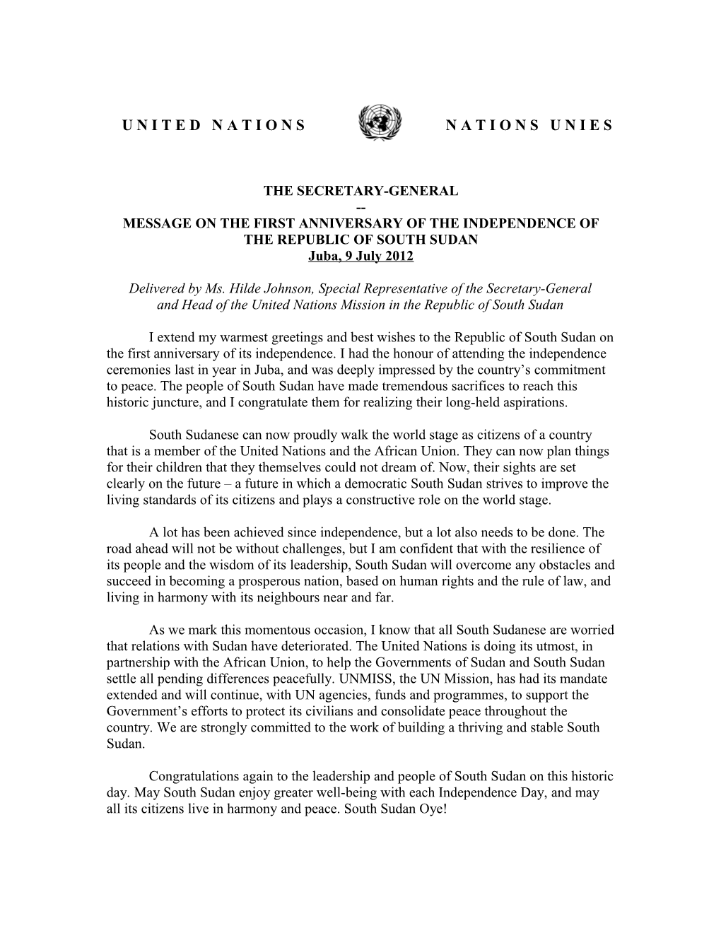 Message from the Secretary-General Ban Ki-Moon on the First Ann